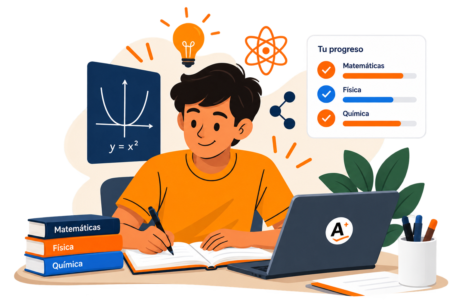 Estudiante de Aprenliz con libros de Matemáticas, Física y Química, laptop y panel de progreso